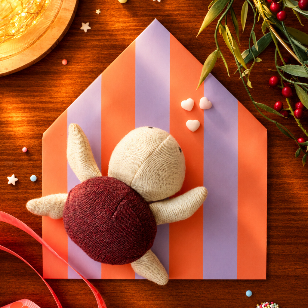 Soft plush turtle sits on orange-and-lavender striped gift wrap with holiday decor nearby.