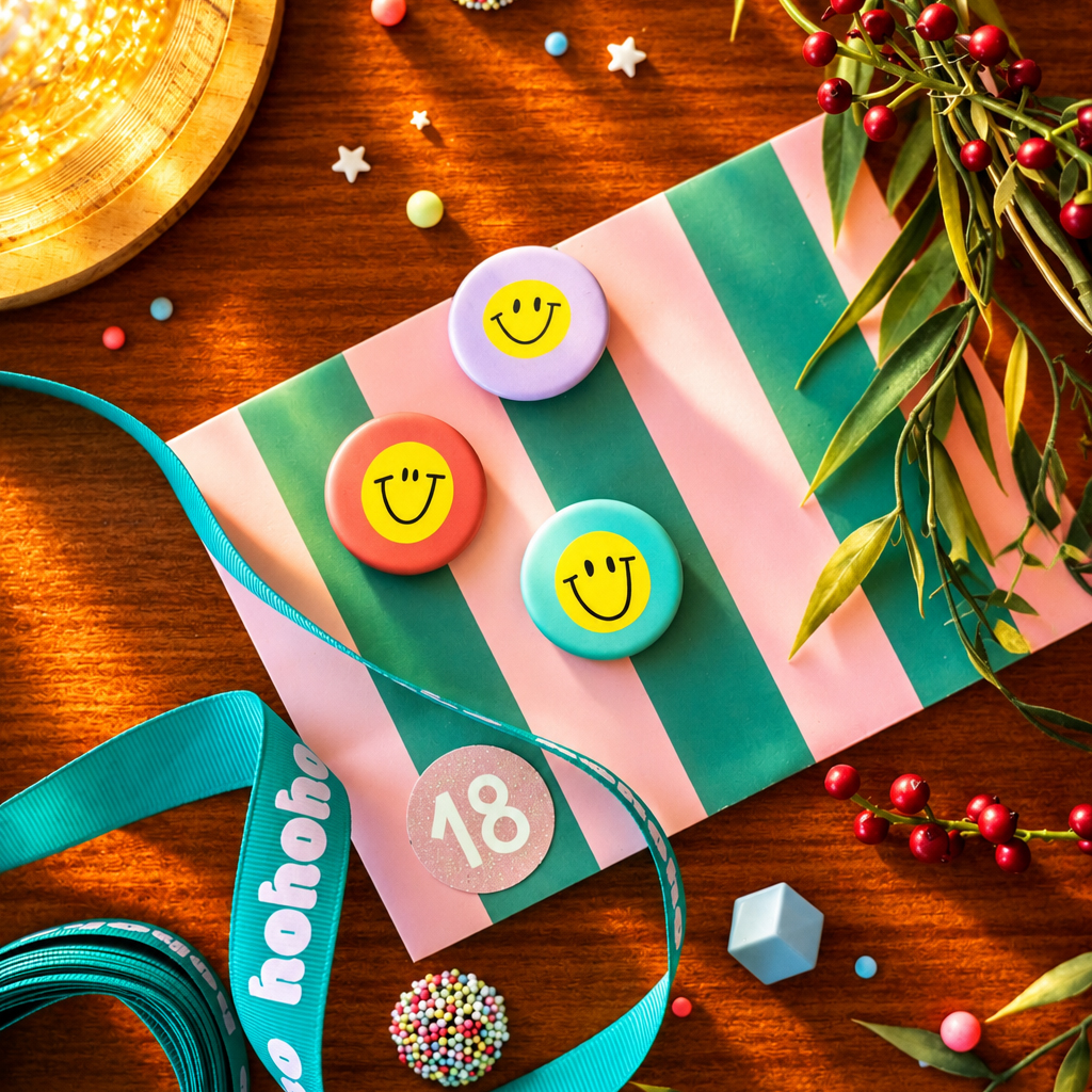 Bright birthday flat lay with a striped pastel gift bag, turquoise ribbon, and yellow-smiley button decorations, plus an 18 sticker restored on the bag field