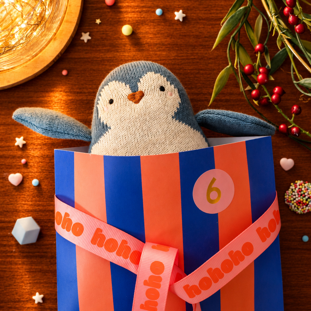 Plush penguin peeks out of a blue and orange striped gift box tied with a pink 'hohoho' ribbon, holiday decor around it.