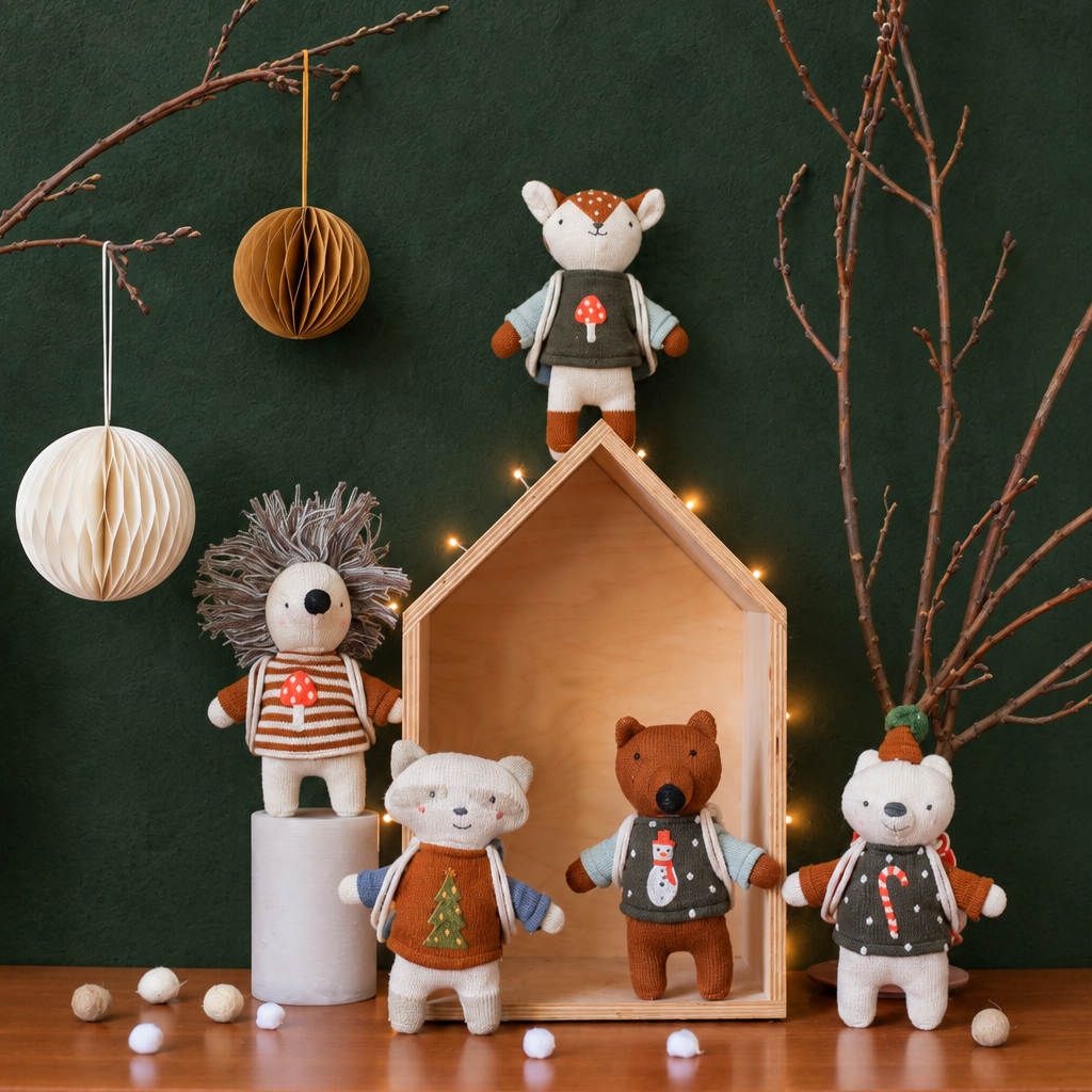 Group of plush woodland animals around a wooden toy house with warm fairy lights on a green backdrop.
