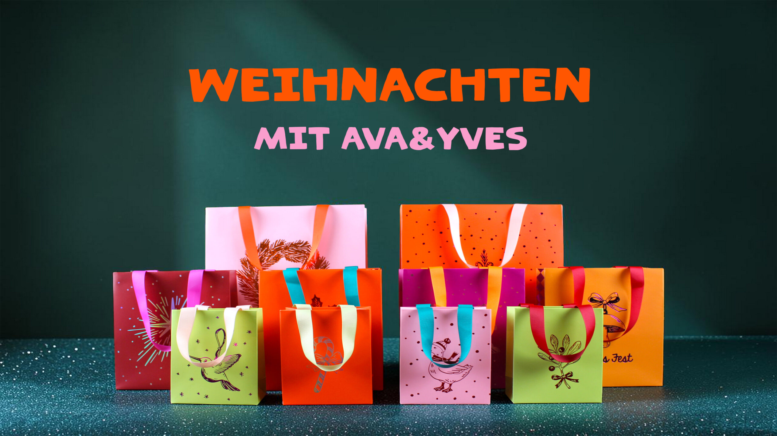 Row of colorful gift bags with ribbons in front of a dark green backdrop; board reads 'WEIHNACHTEN MIT AVA&YVES'.