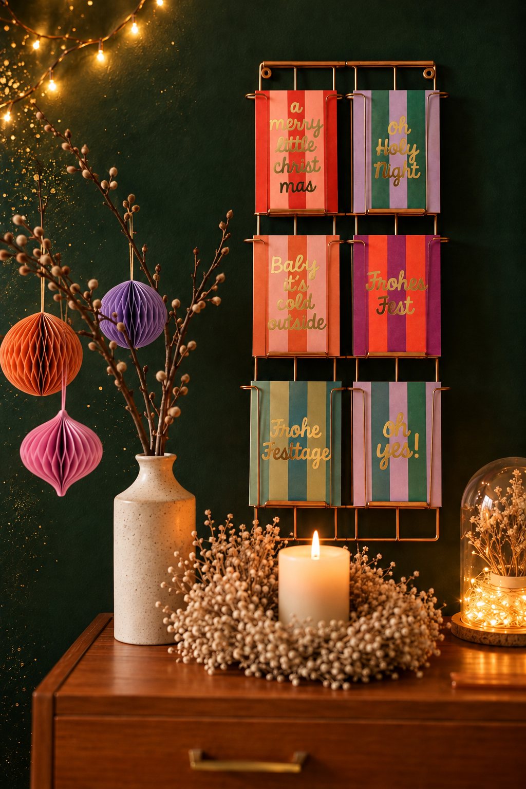 Colorful striped holiday greeting cards on a copper display rack, with a lit candle, dried branches, and warm fairy lights on a wooden surface.